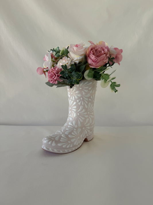 White Boot Vase Burst Design
