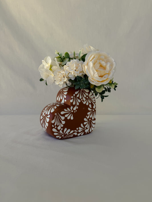 Brown Heart Vase with Partial White Design